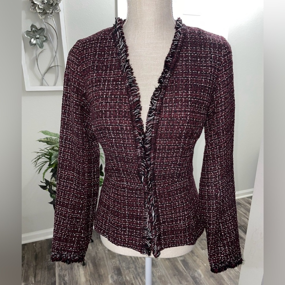 WHBM Women's Burgundy Black White Tweed Fringe Blazer Jacket Size 2
